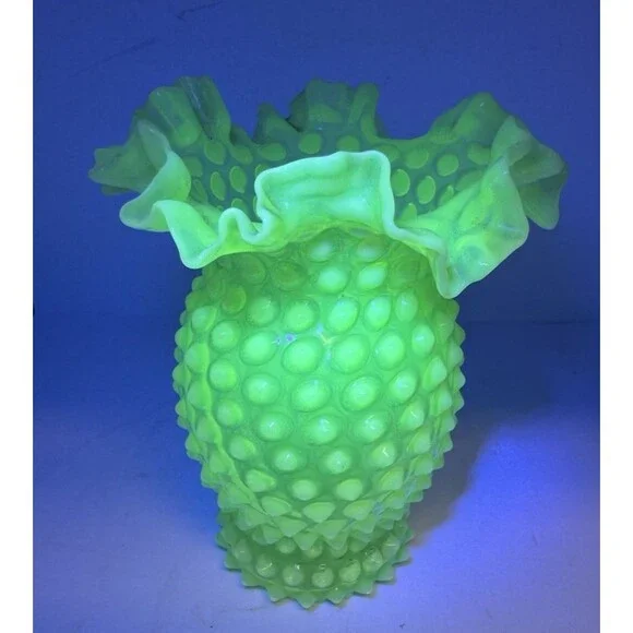 Uranium Fenton Hobnail- 6” Ruffled Flower Vase - Topaz Opalescent - Picture 1 of 6
